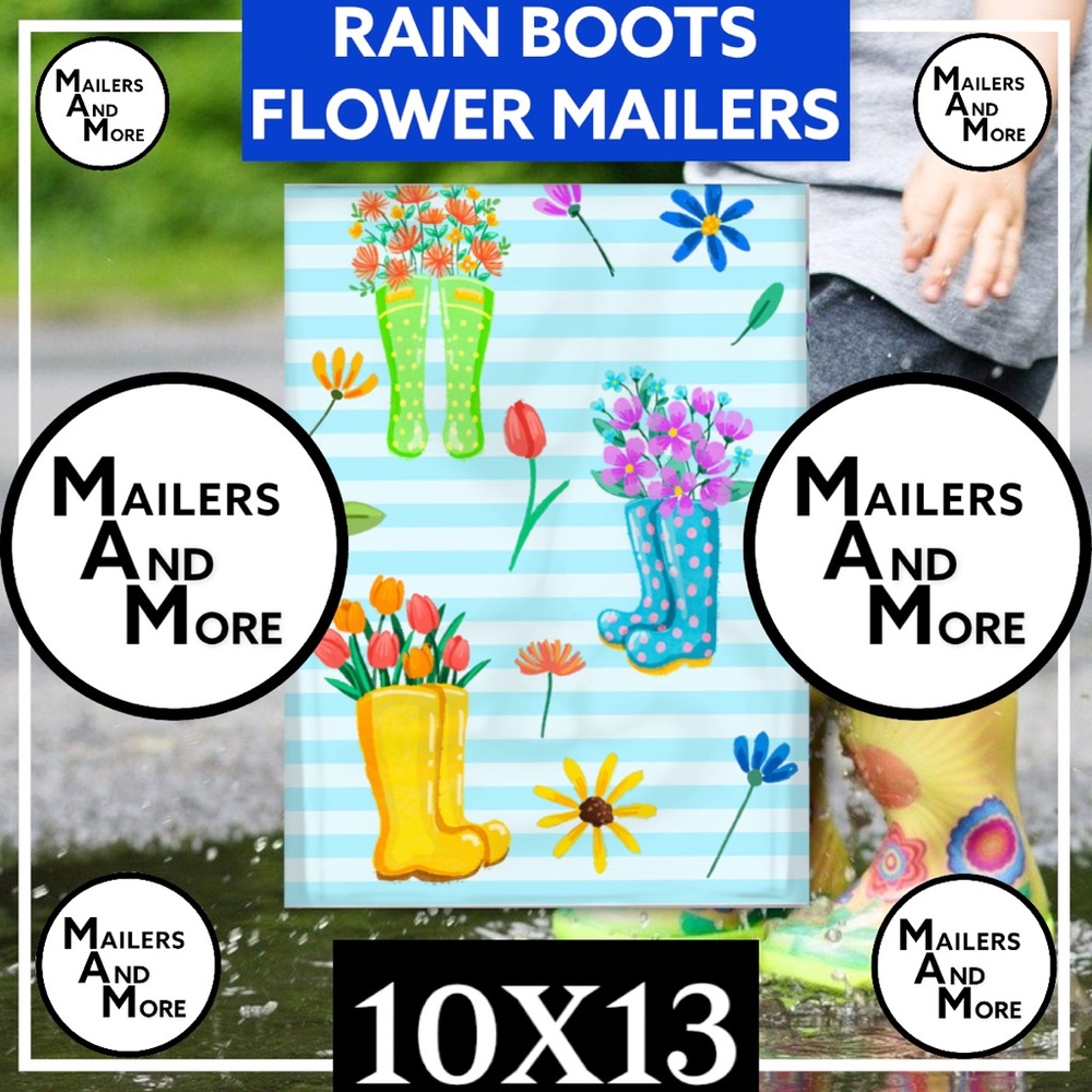 25 10X13 Rain Boots Flowers Poly Mailers Flat Shipping Envelopes CLEARANCE - Picture 3 of 5